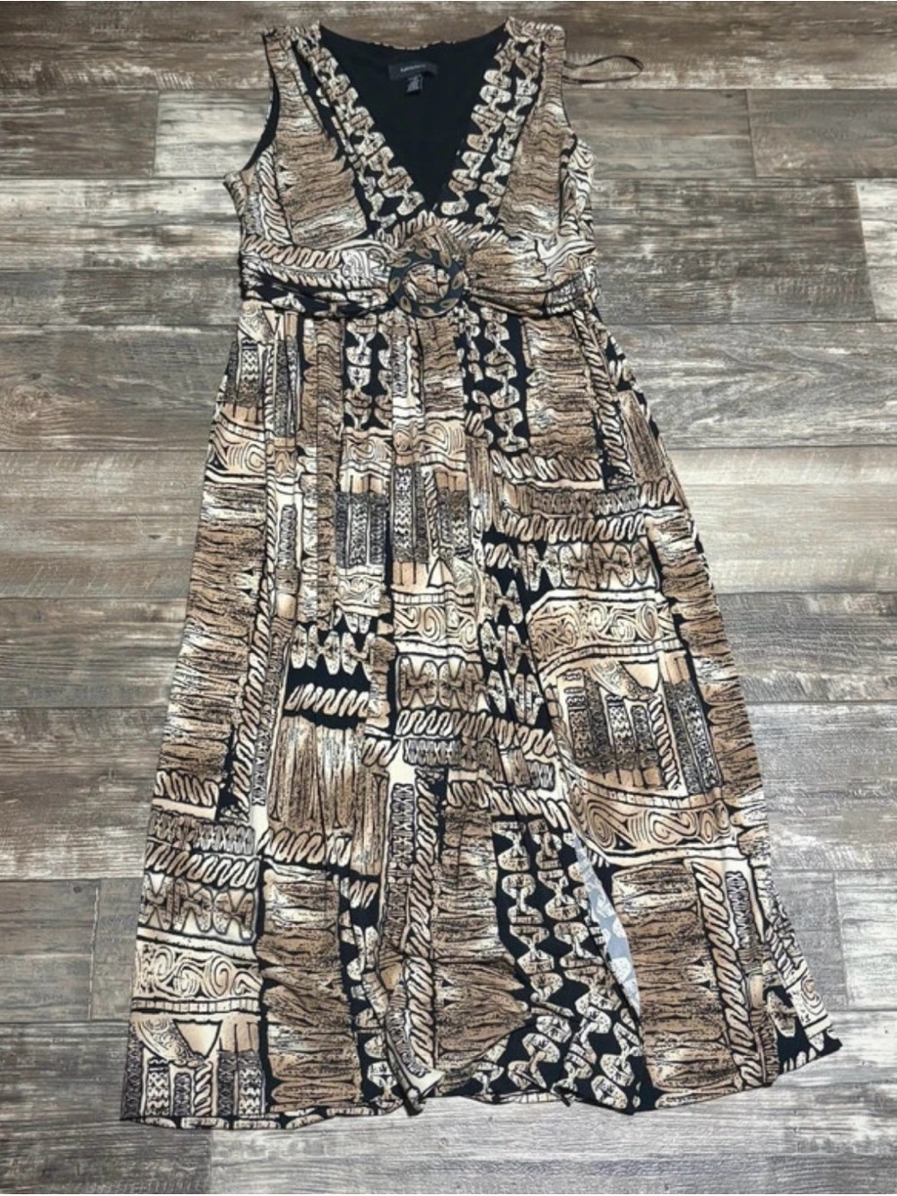 R&M Richards Brown & Black Printed V-Neck Maxi Dress